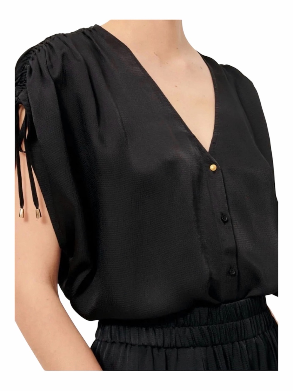 ASTR Textured Soft Satin V-Neck Pearl Button Front Tie-Shoulder Top Size M